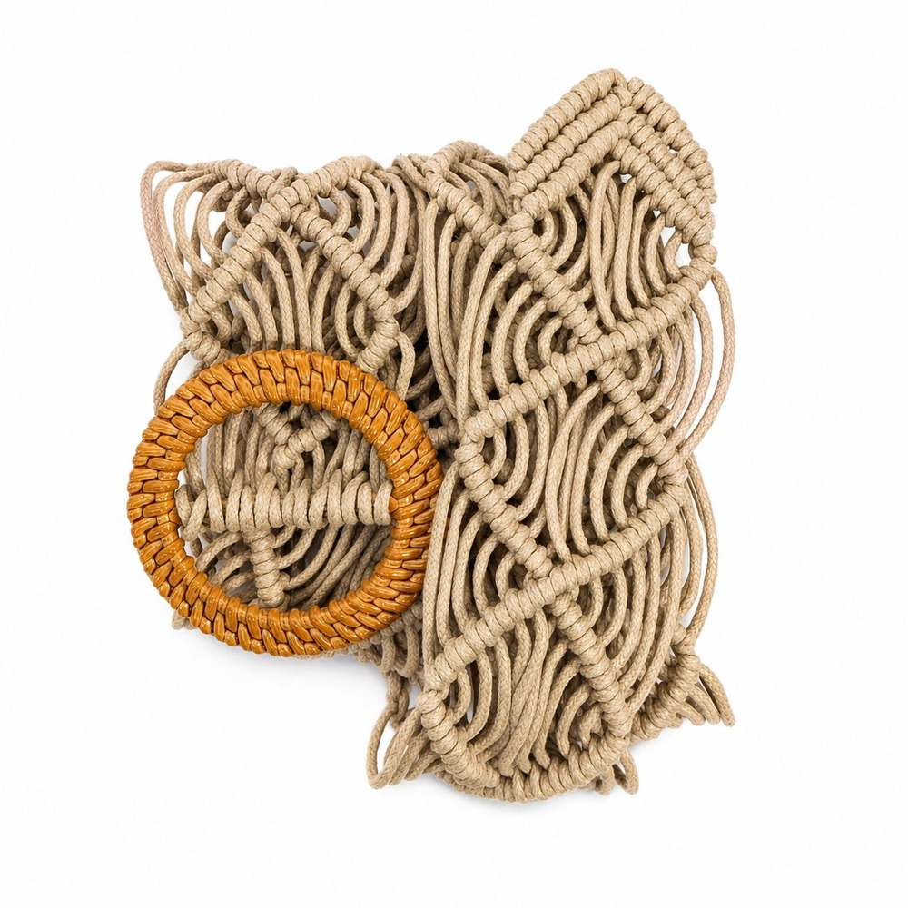 Boho OS Macrame Belt Tan Woven Cord Round Buckle Coastal Festival Hippie Natural
